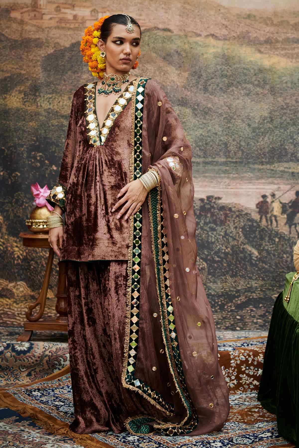 Buy ITRH, Designer Brown Velvet V-Neck Kurta Set Online